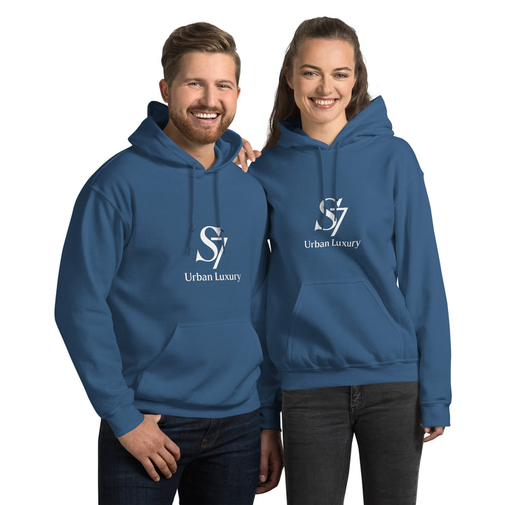 Two models wearing blue S7 Urban Luxury hoodies, smiling”