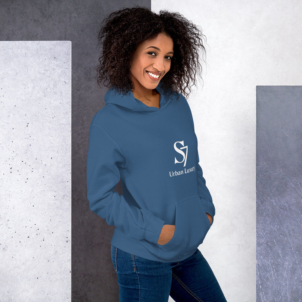 Unisex blue S7 Urban Luxury hoodie – front view