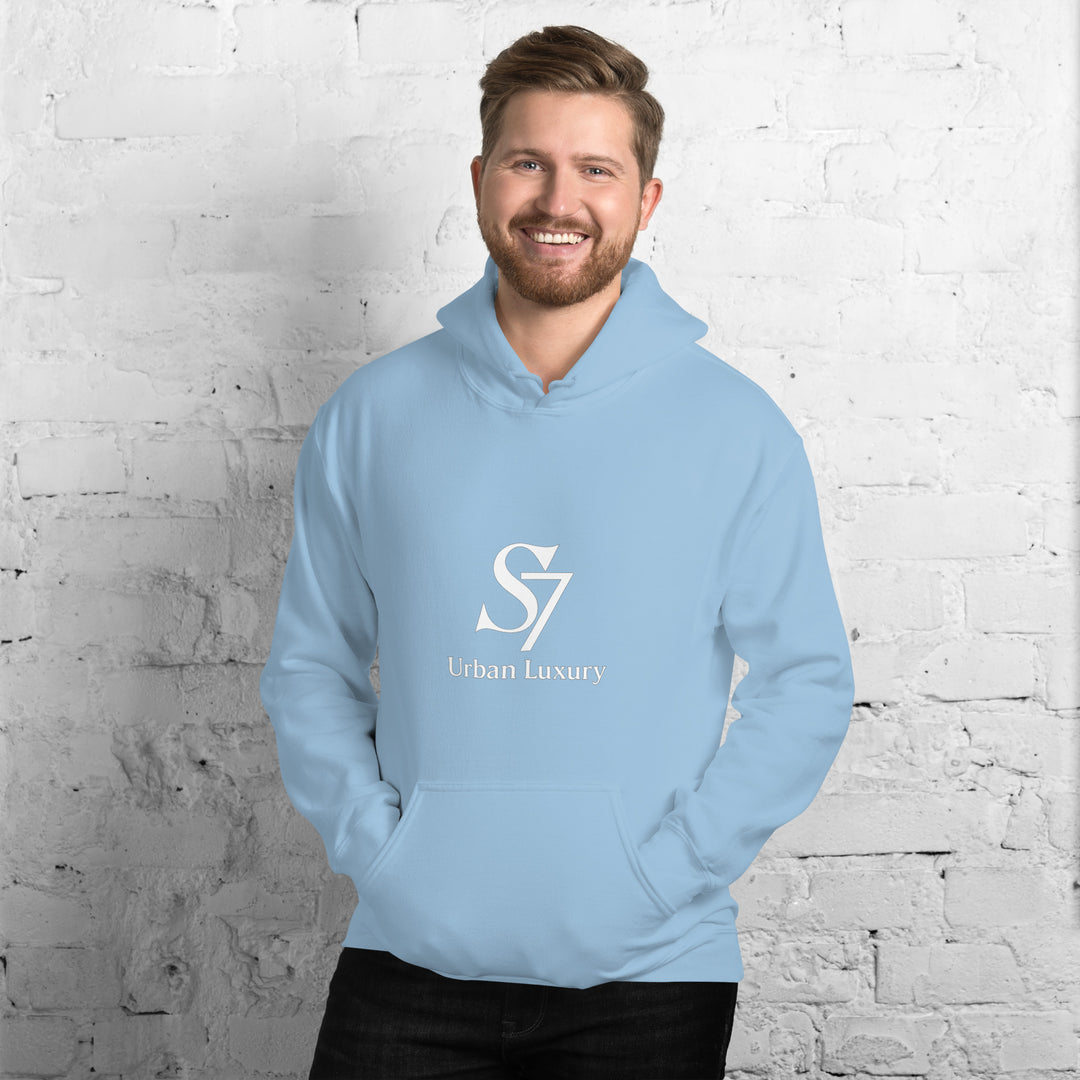 Unisex light blue S7 Urban Luxury hoodie – front view