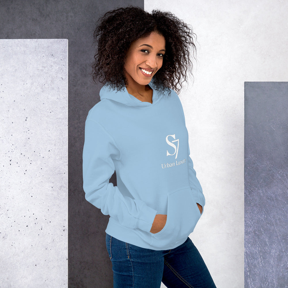 Unisex light blue S7 Urban Luxury hoodie – front view
