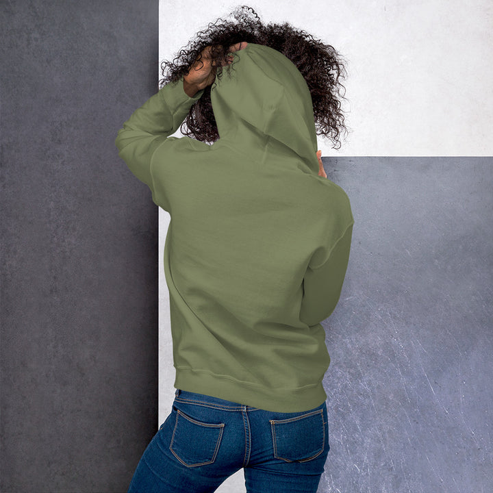 Unisex military green hoodie with S7 logo – model standing