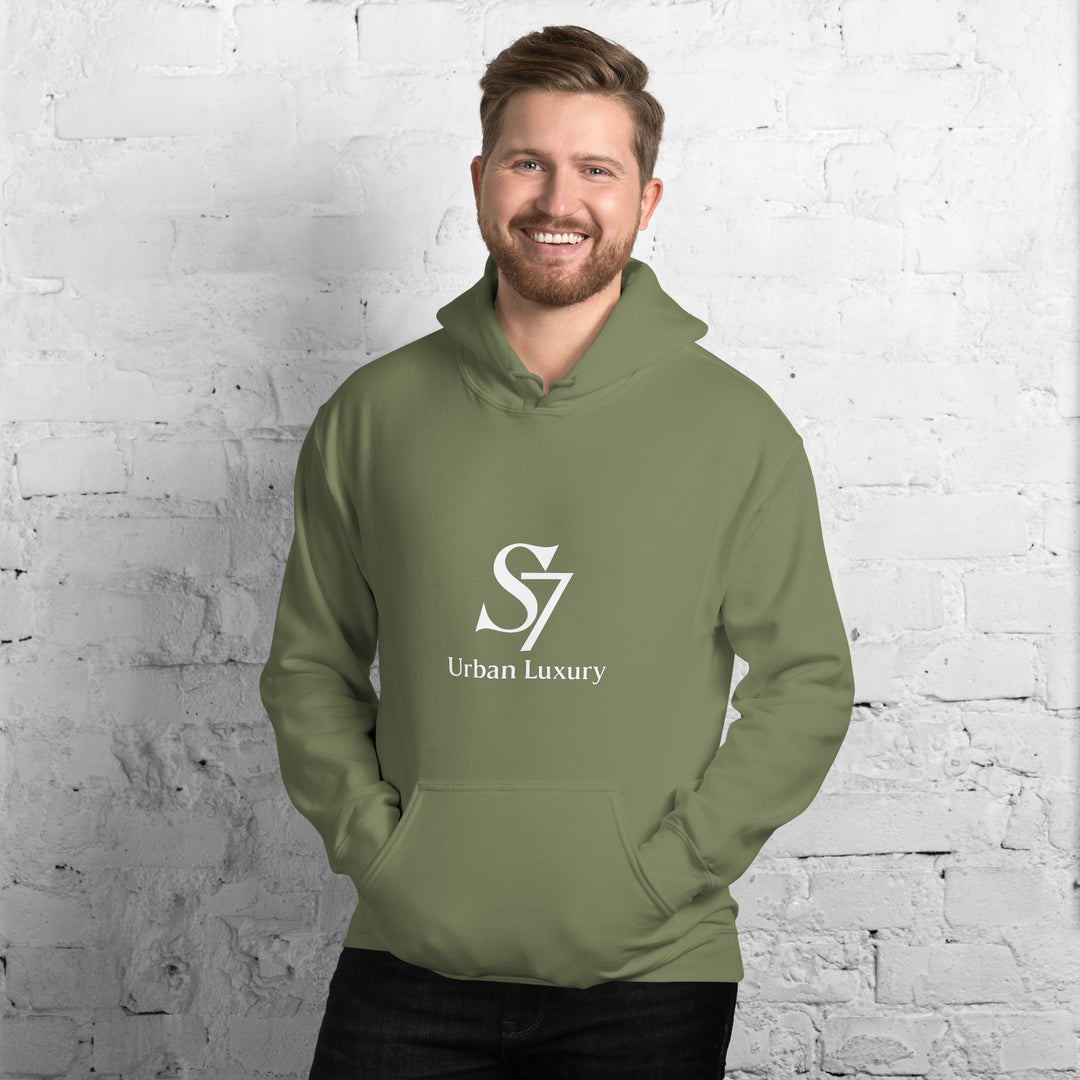 Unisex military green hoodie with S7 logo – model standing