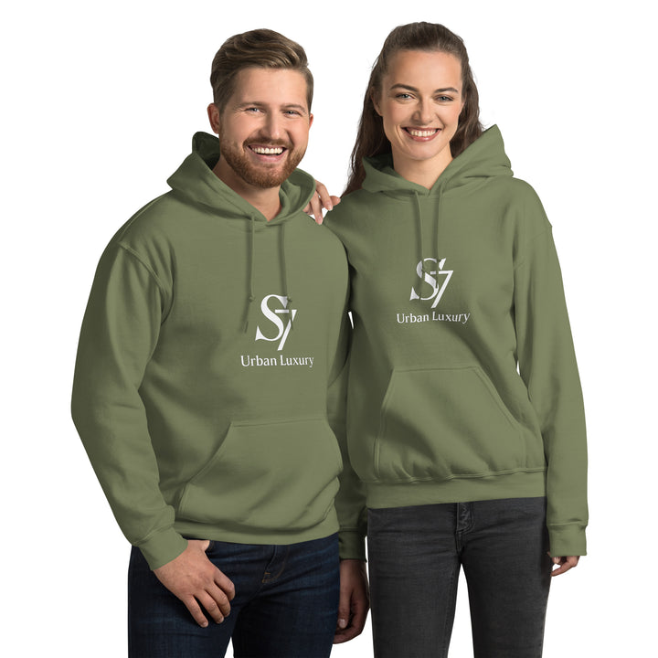 Unisex military green hoodie with S7 logo – model standing