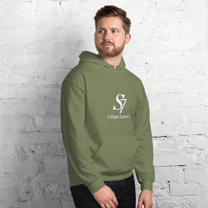 Unisex military green hoodie with S7 logo – model standing
