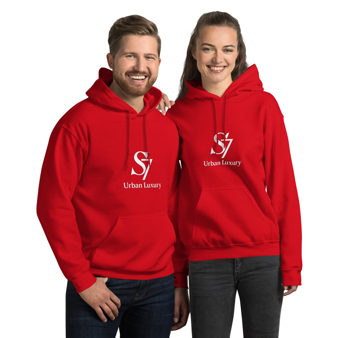 Two models wearing red S7 Urban Luxury hoodies, smiling”