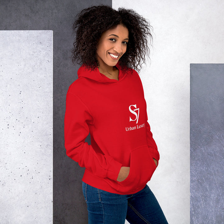 Two models wearing red S7 Urban Luxury hoodies, smiling”