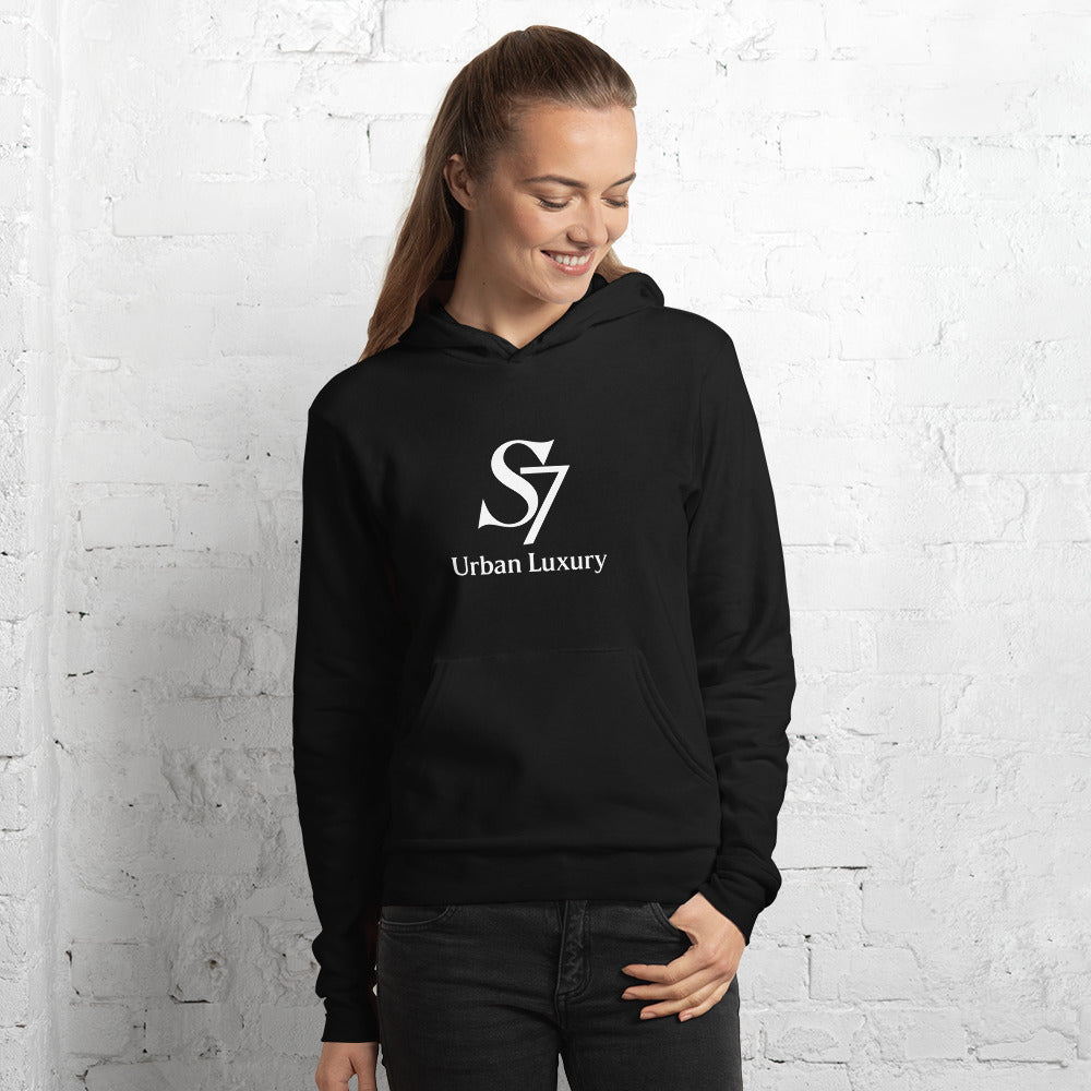 Black unisex hoodie with S7 Urban Luxury logo on the front
