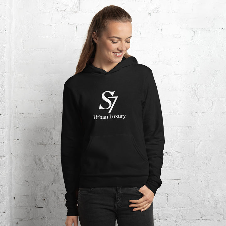 Black unisex hoodie with S7 Urban Luxury logo on the front
