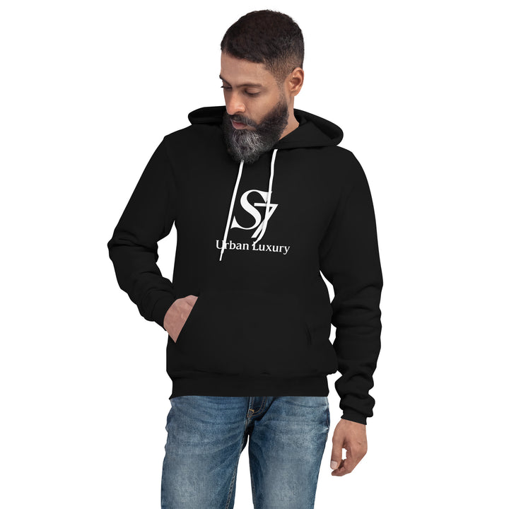Black unisex hoodie with S7 Urban Luxury logo on the front
