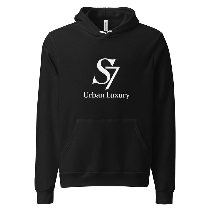 Black unisex hoodie with S7 Urban Luxury logo on the front
