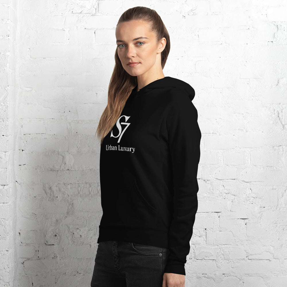 Black unisex hoodie with S7 Urban Luxury logo on the front
