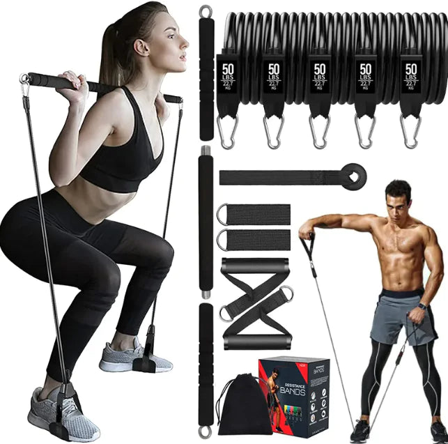 Resistance band set with two people using them for exercise, including a man and a woman.